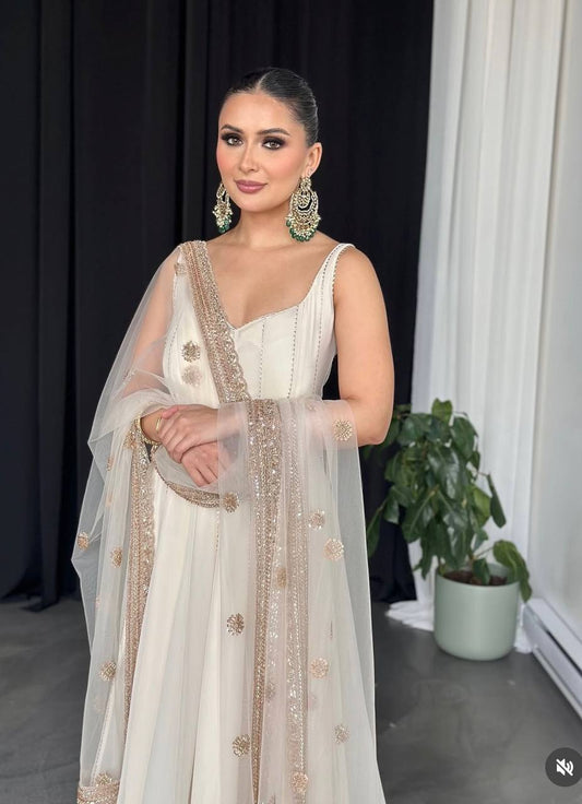 Attractive Sequence Work White Color Gown