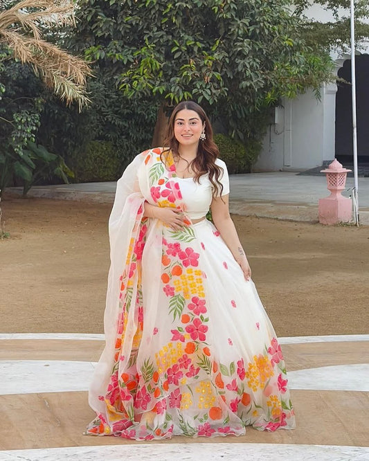 Wonderful Floral Print Silk White Color Lehenga Choli