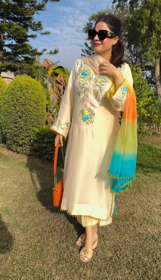 Elegant White Color Salwar Suit With Multi Dupatta