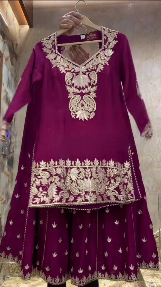Function Wear Heavy Work Wine Color Sharara Suit