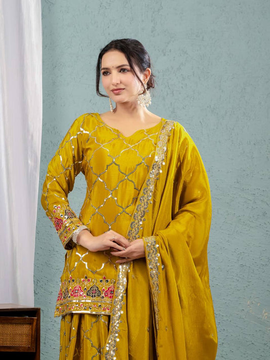 Full Sequence Work Heavy Mustard Color Sharara Suit