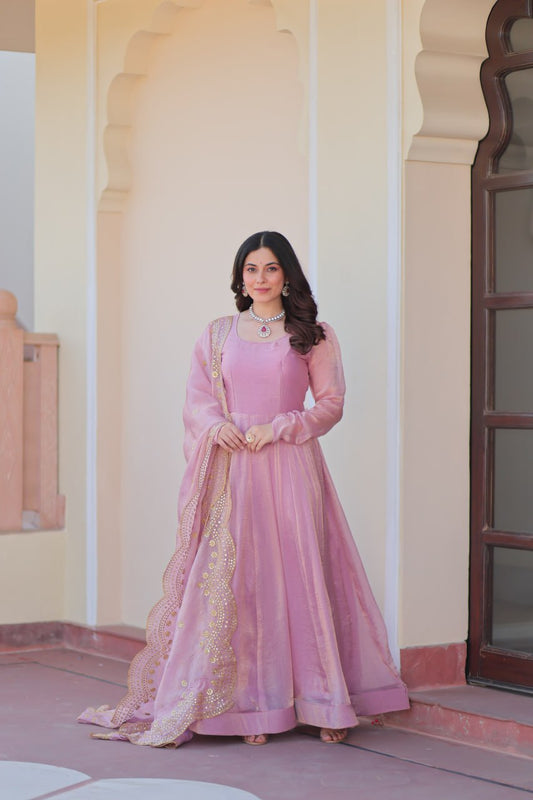 Good Looking Embroidered Work Pink Color Gown