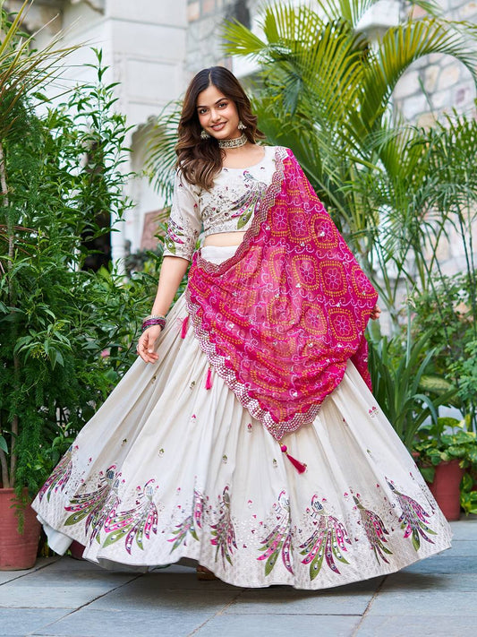 Wonderful Embroidery Work White Color Lehenga With Pink Dupatta