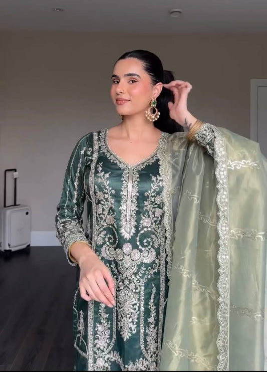 Preferable Heavy Work Green Color Salwar Suit