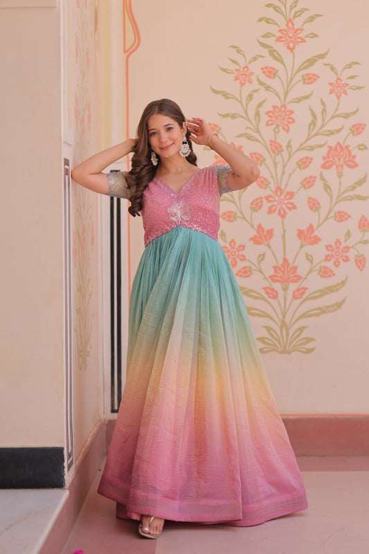 Fantastic Embroidered Work Double Shade Light Pink Color Gown