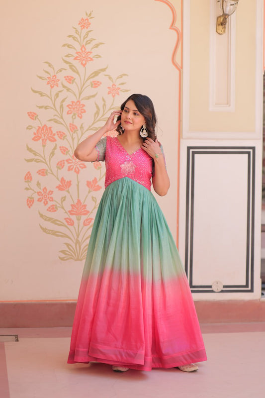 Fantastic Embroidered Work Double Shade Pink Color Gown