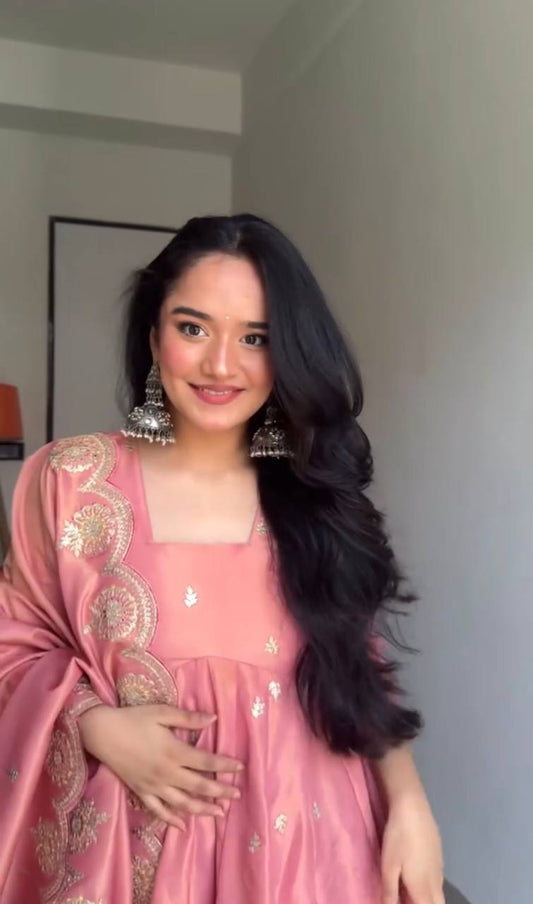 Outstanding Embroidery Work Pink Color Gown