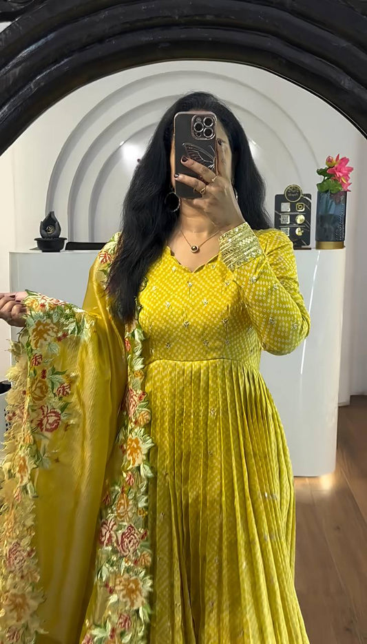 Beautiful Chinon Silk Yellow Color Gown