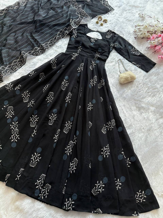 Delightful Digital Printed Black Color Anarkali Gown