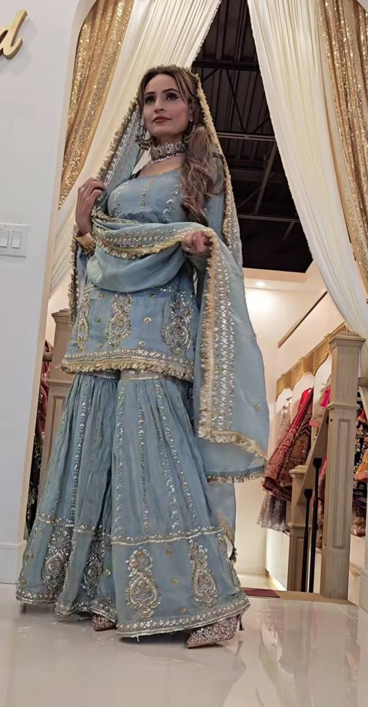 Occasion Wear Embroidery Work Teal Blue Color Sharara Suit
