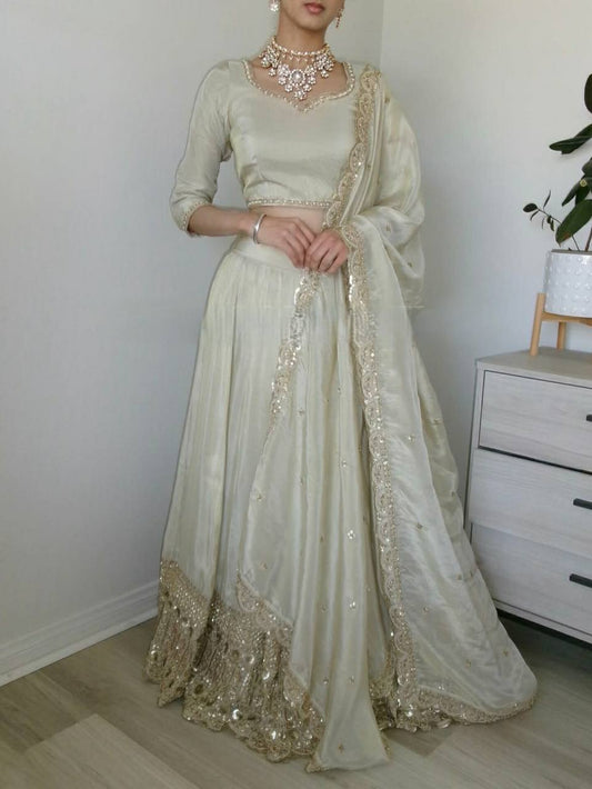 Function Wear Heavy Work Off White Color Lehenga Choli