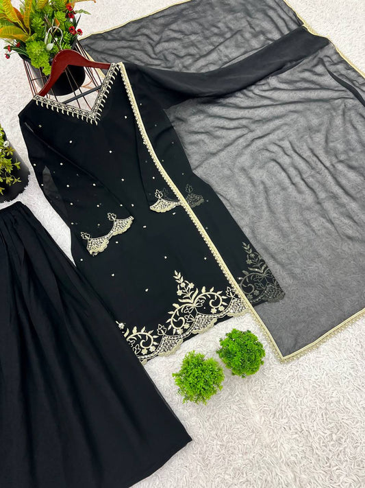 Awesome Embroidery Work Black Color Sharara Suit
