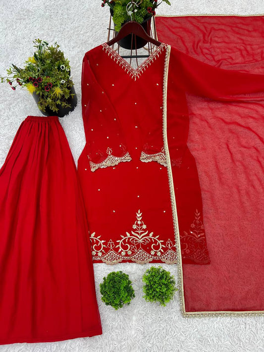 Awesome Embroidery Work Red Color Sharara Suit