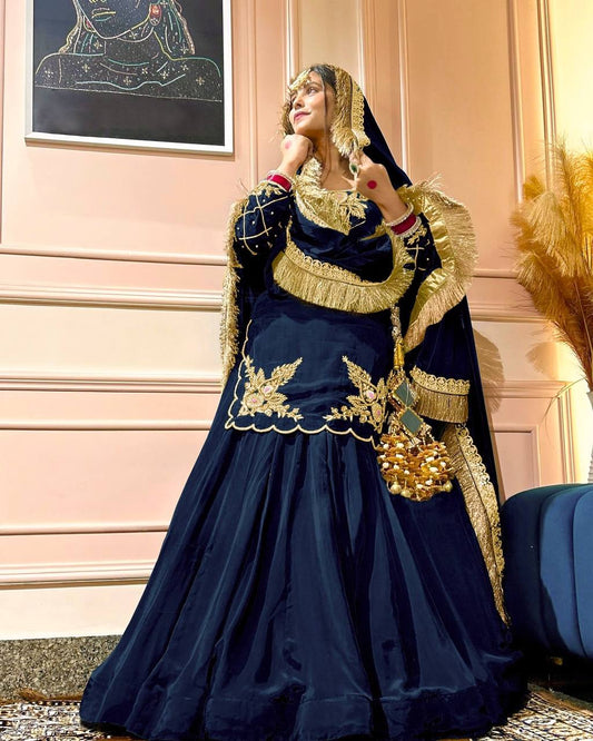 Function Wear Bids Hand Work Navy Blue Color Top With Lehenga