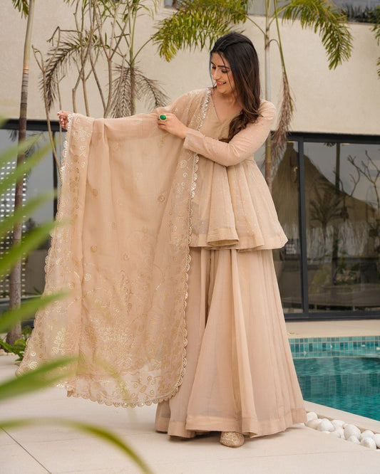 Beautiful Organza Beige Color Palazzo Suit