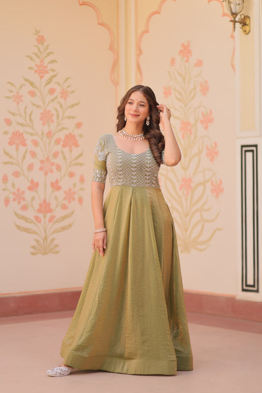 Exclusive Embroidered Work Mehndi Color Gown