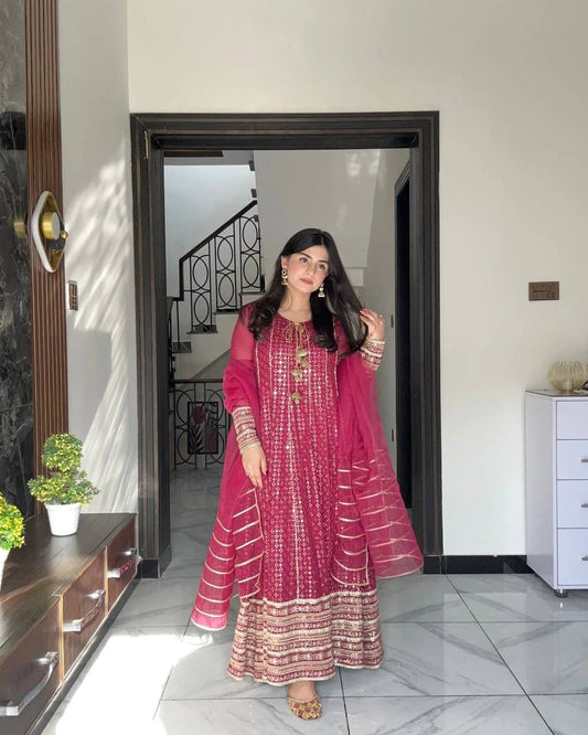 Good Looking Embroidery Work Pink Color Gown