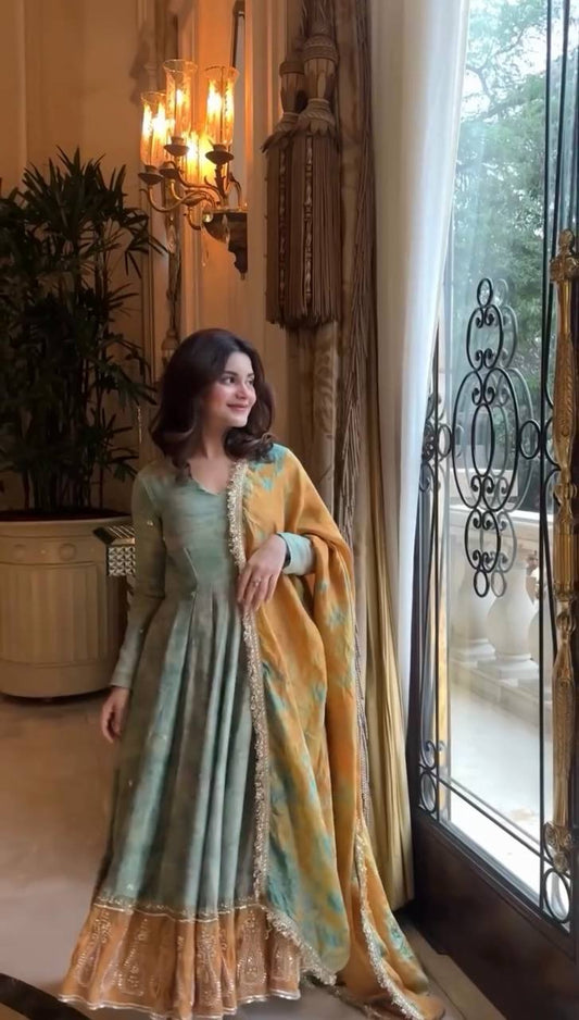 Designer Organza Silk Teal Green Color Gown