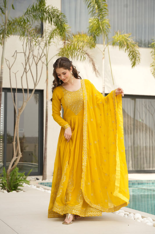 Shining Embroidery Work Yellow Color Gown