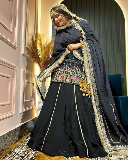Beautiful Embroidery Work Black Color Top With Lehenga choli