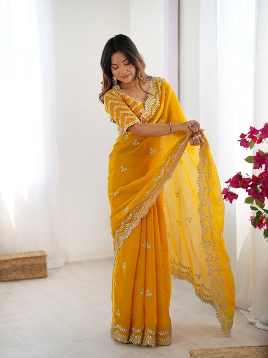 Lovely Heavy Work Yellow Color Saree
