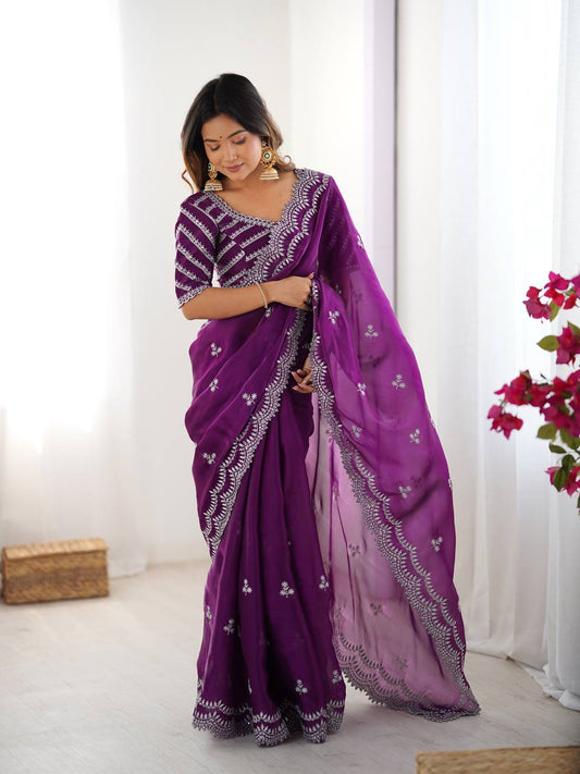 Lovely Heavy Work Purple Color Saree