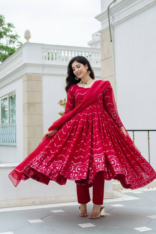 Party Wear Embroidery Work Red Color Anarkali Suit