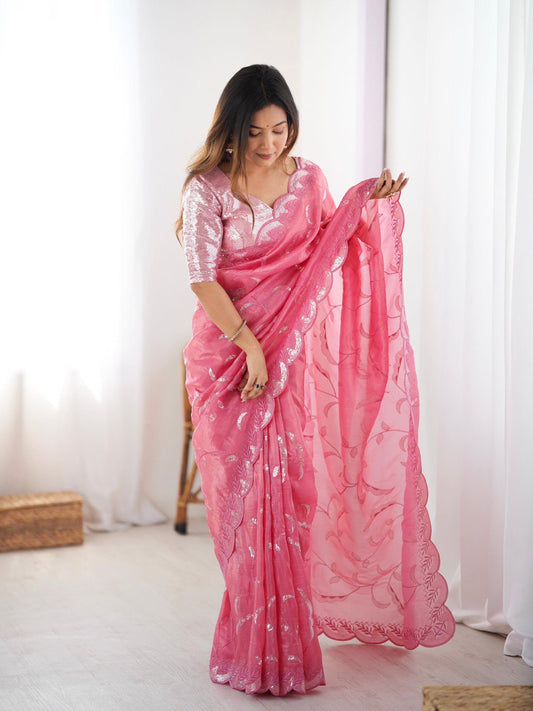 Beautiful Gold Crush Pink Saree
