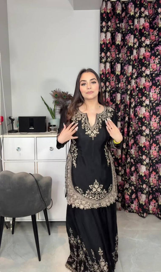 Designer Heavy Work Black Color Sharara Suit