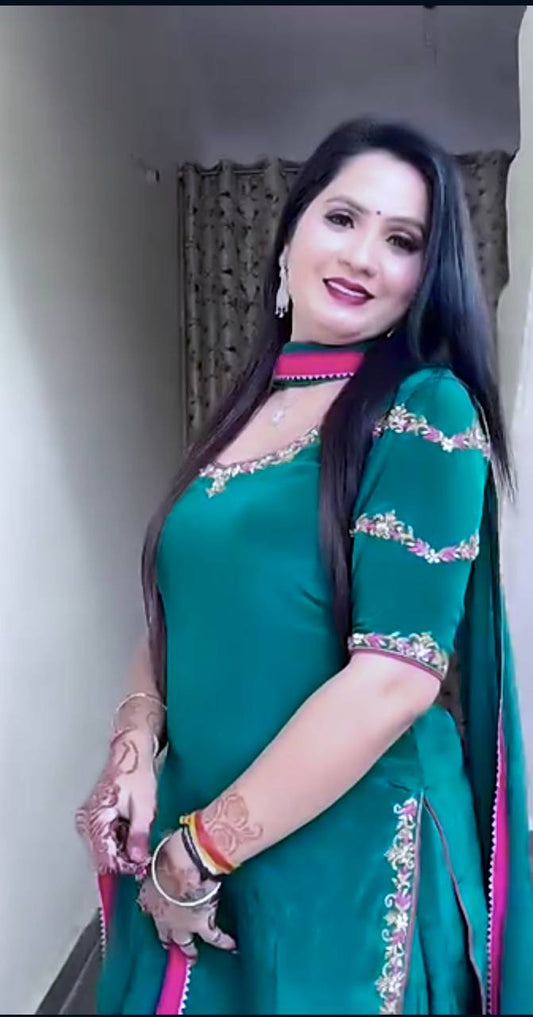 Elegant Embroidery Work Green Color Sharara Suit