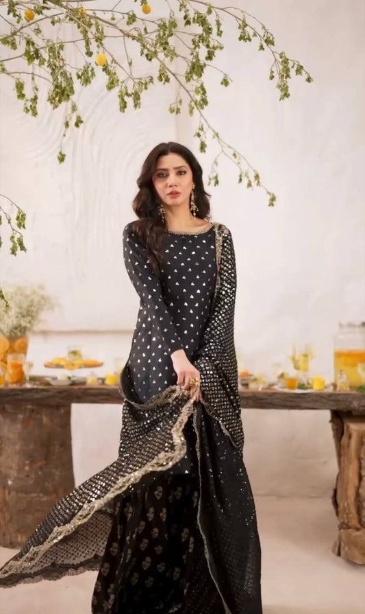 Shining Embroidery Work Black Color Sharara Suit
