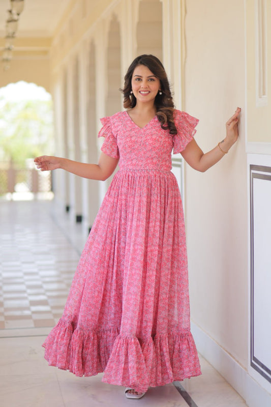 Glimmering Ruffle Flare Printed Pink Color Long Gown