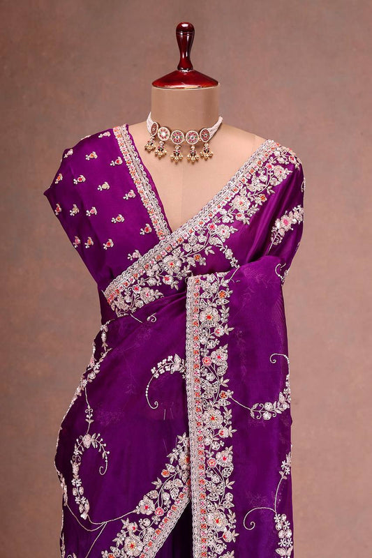 Marriage Special Embroidery Work Purple Color Saree