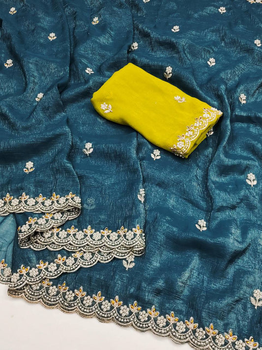 Preferable Embroidery Work Teal Green Color Saree