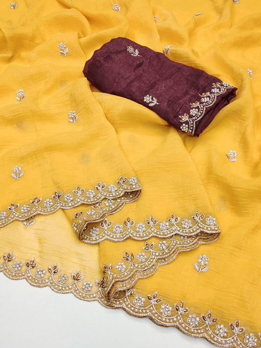 Preferable Embroidery Work Yellow Color Saree
