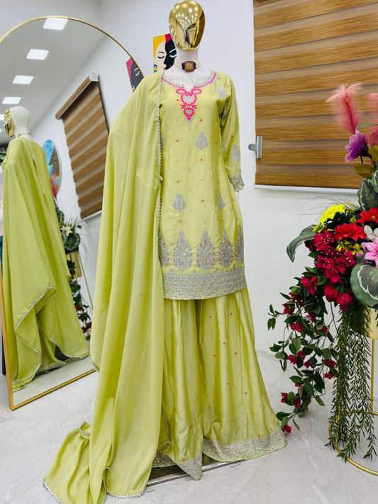 Awesome Sequence Work Green Color Palazzo Suit