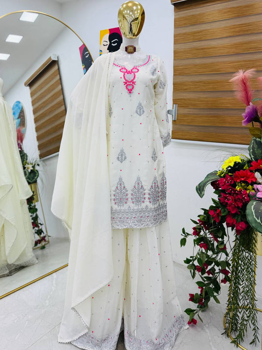 Awesome Sequence Work White Color Palazzo Suit