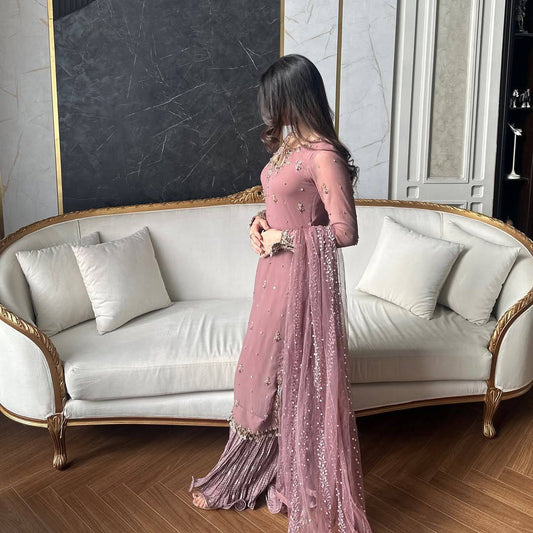 Elegant Heavy Work Peach Color Palazzo Suit