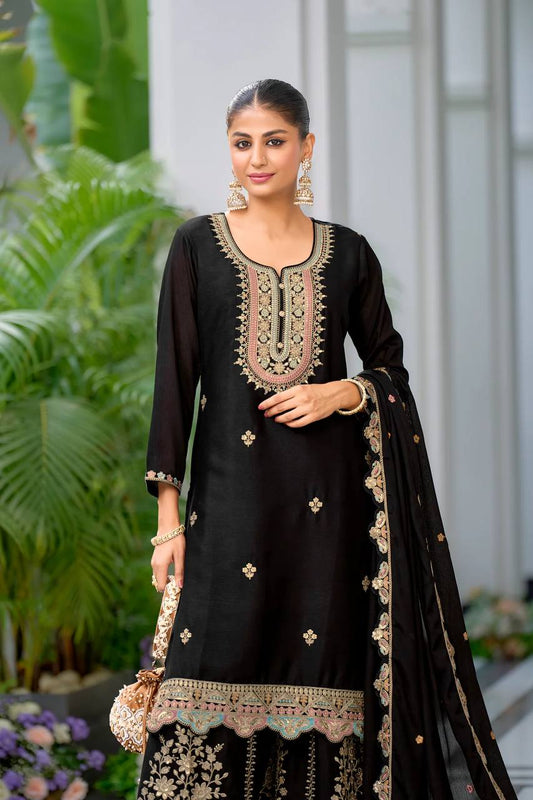 Glimmering Embroidery Work Black Color Sharara Suit