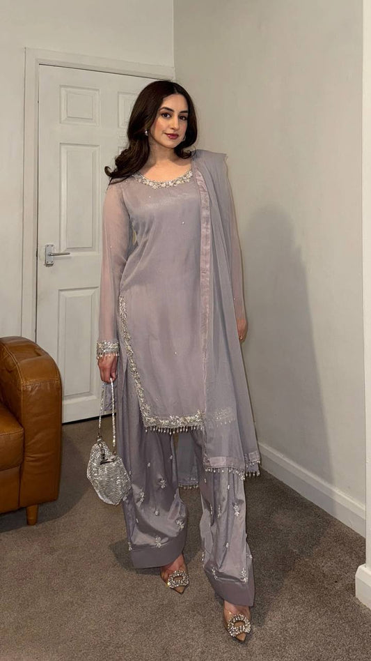 Stunning Embroidery Work Grey Color Salwar Suit