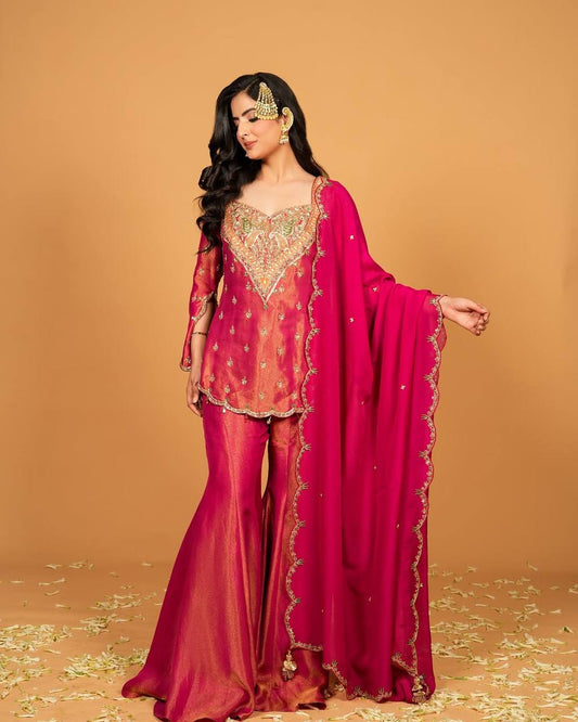 Good Looking Heavy Work Pink Color Palazzo Suit
