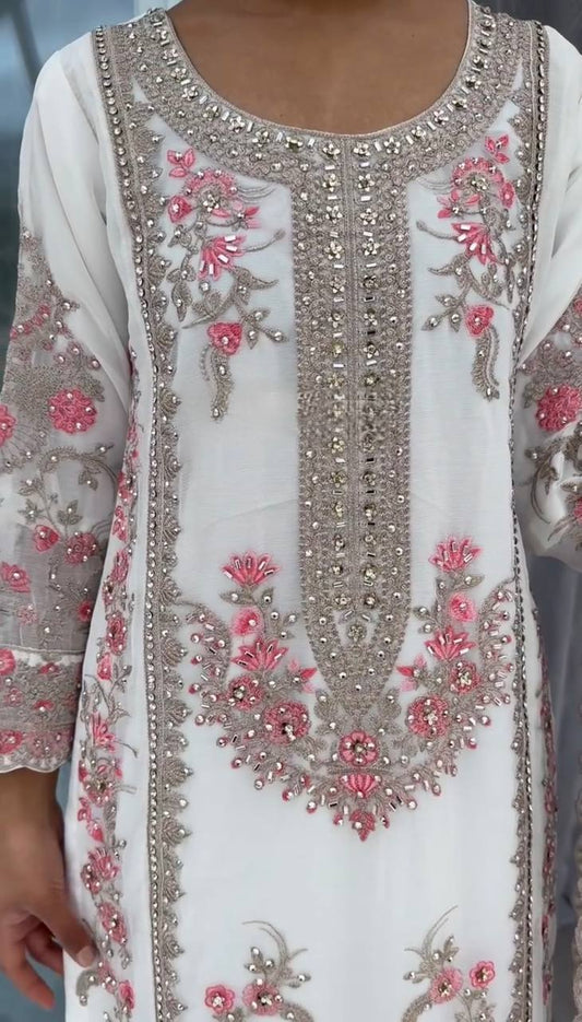 Occasion Wear Heavy Work White Color Palazzo Suit