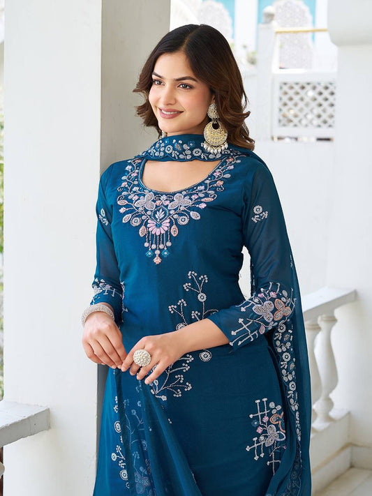 Designer Heavy Work Blue Color Palazzo Suit