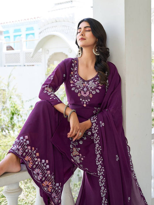 Designer Heavy Work Wine Color Palazzo Suit