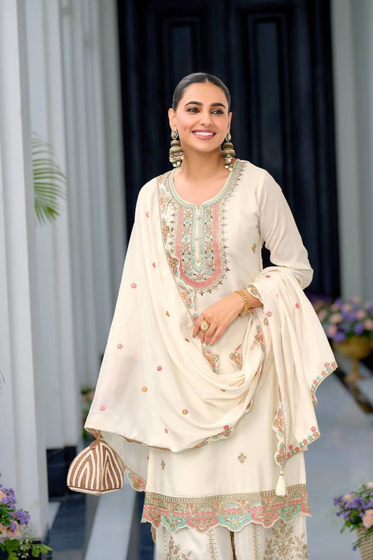 Wonderful Embroidery Work White Color Sharara Suit