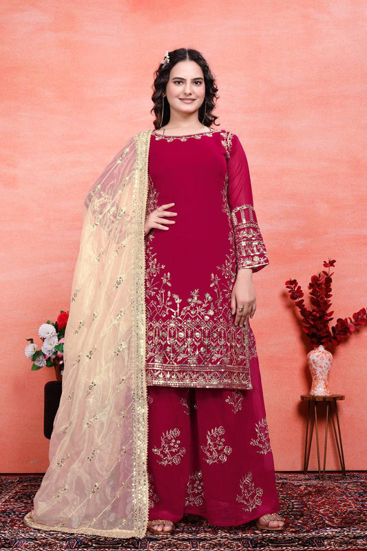 Delightful Heavy Work Red Color Sharara Suit