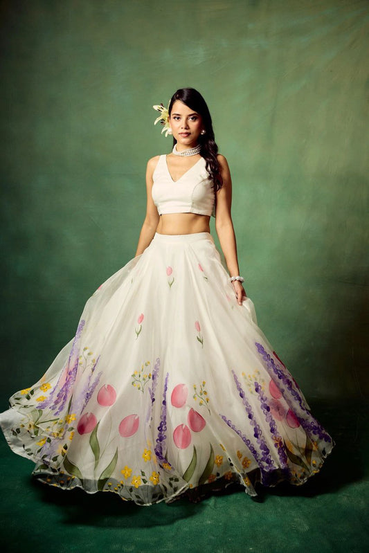 Party Wear Multi Floral Print White Color Lehenga Choli