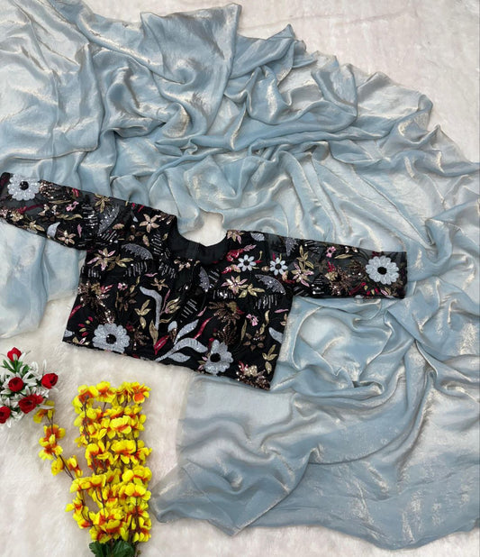 Bollywood Style Sky Blue Color Silk Saree With Heavy Blouse