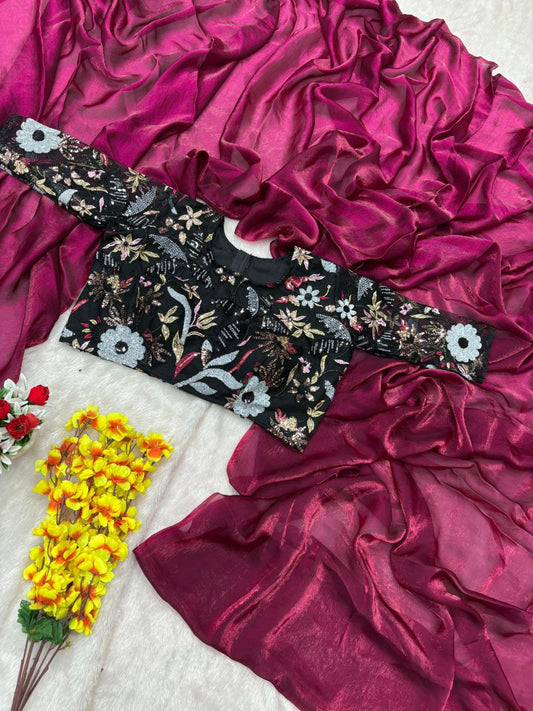 Bollywood Style Wine Color Silk Saree With Heavy Blouse