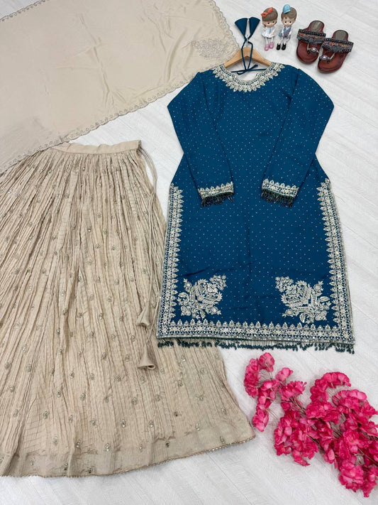 Designer Embroidery Work Blue Color Top With Lehenga Choli